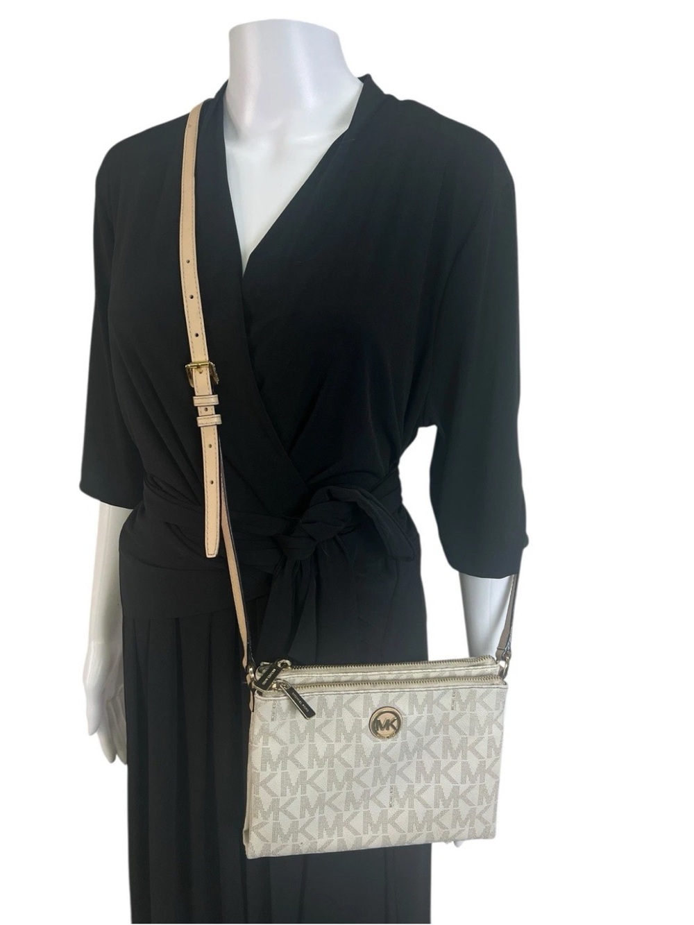 Michael Kors Cream Logo Crossbody Bag with Tan Strap